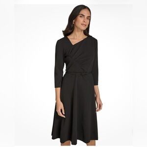 Calvin Klein Black Long-Sleeve A-Line Dress with Waist Detail